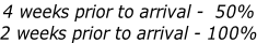 4 weeks prior to arrival -  50%  2 weeks prior to arrival - 100%